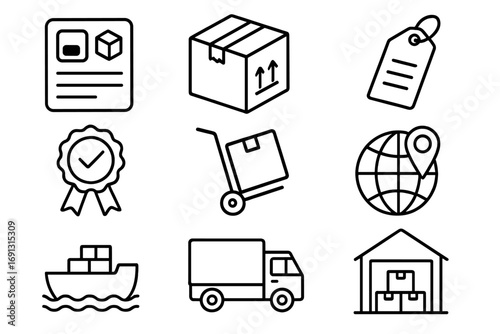 Shipping and logistics icons set with waybill, quality seal, package, label, delivery truck, cargo ship, warehouse, hand truck, global location in outline style, vector cartoon illustration