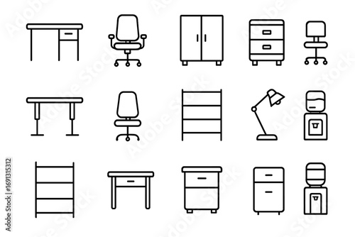 Office furniture line icon set. Simple outline collection of workplace equipment symbols. Vector desk, chair, cabinet, lamp and shelf icons for web and infographics. Editable stroke.