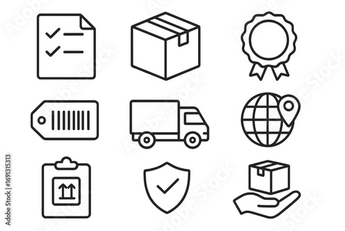 Shipping and logistics vector icons set with waybill checklist, sealed label, barcode tag, delivery truck, globe location, package on hand, secure shield and handling clipboard in outline style
