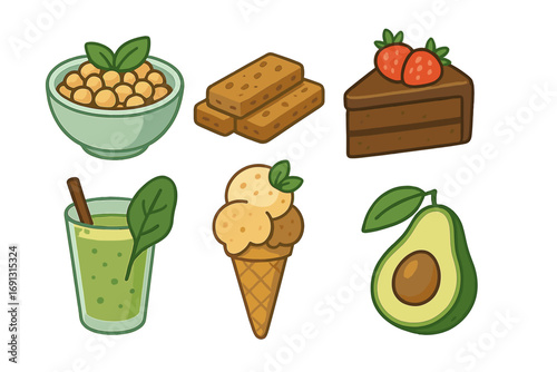 Variety of plant-based food items, healthy snacks and desserts, minimalist vector cartoon illustration, avocado, green smoothie, chickpeas, ice cream cone, chocolate cake, granola bars