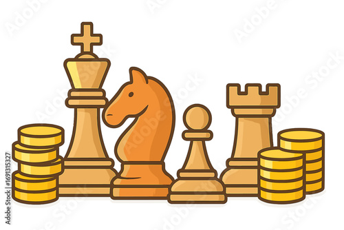 Business strategy and finance metaphor with chess pieces and gold coins. Concept for investment, financial planning, market tactics, economic game, and wealth management success.