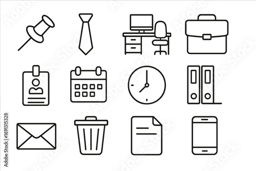 Office line icon bundle. Modern collection of business pictograms. Simple workspace outline symbols for web, apps. Vector set with desk, calendar, clock, phone, mail, document.