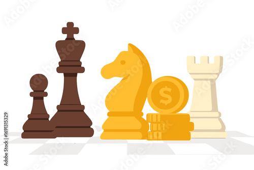 Business strategy and finance concept. Chess pieces and money coins on a chessboard. Metaphor for investment planning, market tactics, financial success, and wealth management.