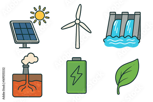 Renewable energy icons set with solar panel and sun, wind turbine, hydroelectric dam, geothermal power plant, green battery, and eco leaf, clean power vector cartoon illustration