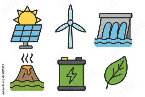 Renewable energy icons collection with solar panel sun, wind turbine, hydroelectric dam, geothermal volcano, green battery, eco leaf symbols, sustainable power vector cartoon set