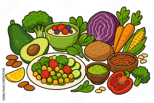 Colorful variety of healthy vegan food options, fresh vegetables, legumes, avocado, salad, nuts, and berries, vector cartoon illustration, nutritious plant-based diet collection