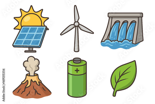 Renewable energy icons set with solar panel, wind turbine, hydro power dam, geothermal volcano, green battery, and eco leaf. Cartoon vector illustration with transparent background.