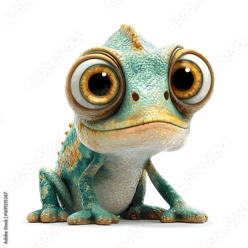 A captivating animated chameleon with endearing large eyes, featuring vibrant colors and textures. A friendly gaze captures its curiosity 