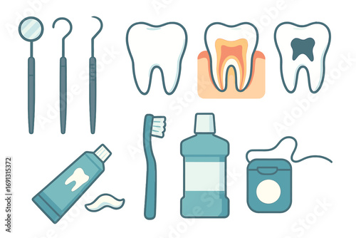 Dental care icon set with stomatology tools, toothbrush, toothpaste, and floss. Vector illustration of a healthy tooth, caries, and oral hygiene items for dentistry.
