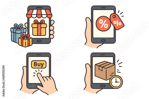 Online shopping on mobile device with gift boxes, discount tags, buy button click, and fast delivery package concept, vector cartoon illustration with transparent background, ordered set