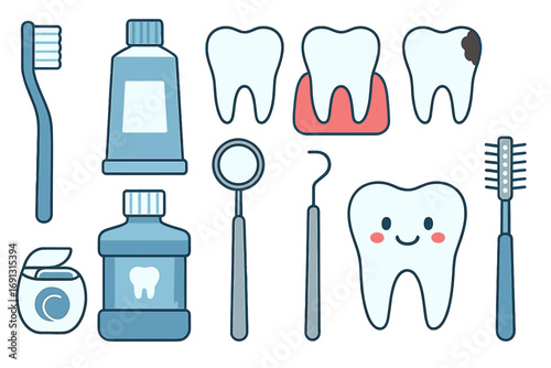 Dental care vector flat illustration set. Oral hygiene items and teeth icons. Dentistry concept with toothbrush, toothpaste, floss, mouthwash, healthy tooth and caries.