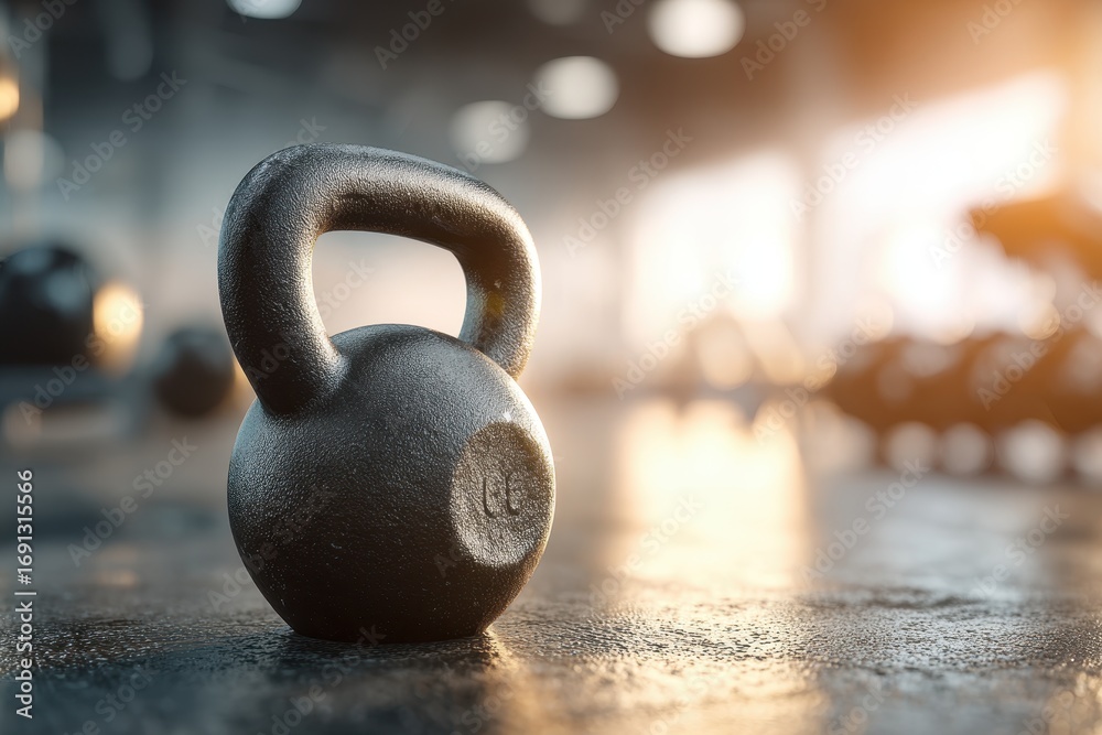 Fototapeta premium Sturdy black kettlebell on gym floor, bathed in warm, inspiring light.