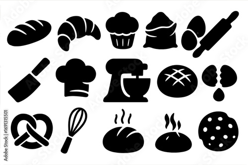 Silhouette icons of bakery and baking essentials including bread, croissant, cupcake, chef hat, mixer, rolling pin, eggs, whisk, pretzel, and cookie, vector set with transparent background