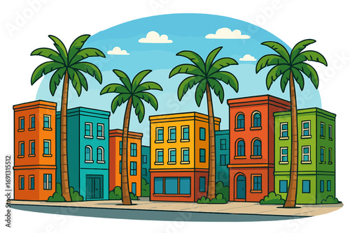 Cartoon cityscape with colorful buildings and palm trees. Urban street view in a tropical city. Summer travel destination vector illustration for vacation concepts. Real estate.