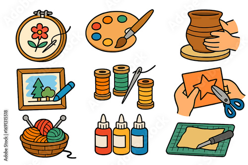 Various crafts and artistic tools collection showcasing creative activities such as painting, knitting, sewing, pottery, drawing, cutting, and crafting. Vector cartoon illustration