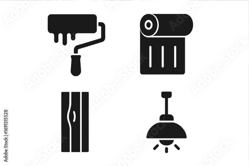 Room renovation icons set solid filled vector. Paint roller dripping paint wall wallpaper roll plank flooring wood light fixture lamp ceiling illumination decor home improvement tool design elements