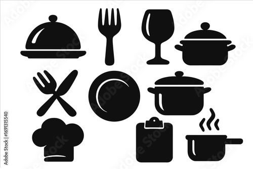 Silhouette icons of dining and culinary essentials including cutlery, plates, cookware, chef hat, wine glass, and serving dishes for restaurant themes, vector illustration