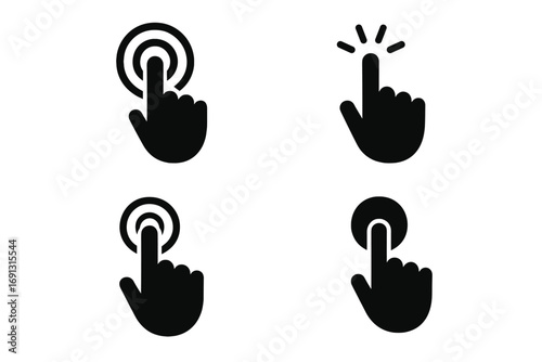 Hand cursor click icon set. Finger press and touch button symbol collection. Pointer gesture for user interface design. Tap screen pictogram for web and mobile app ui ux.