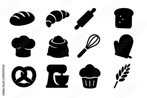 Silhouette icons of bakery baking essentials vector set with bread croissant rolling pin whisk oven mitt pretzel flour sack chef hat mixer cupcake wheat illustration transparent background