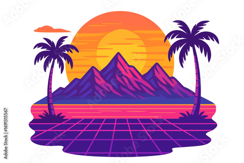 Retro futuristic 80s synthwave landscape with neon grid, mountains and palm trees. Vaporwave sunset background. Sci-fi digital world outrun style vector illustration.