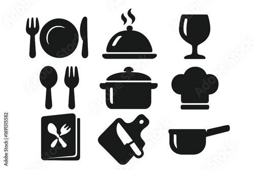 Silhouette icons of dining and culinary essentials with cutlery, serving dish, wine glass, chef hat, cooking pot, cutting board and knife, restaurant menu, kitchen utensils set