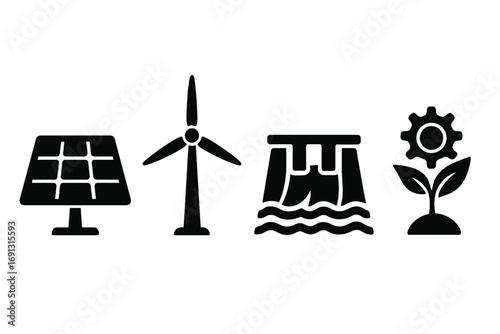 Silhouette icons of renewable energy sources including solar panel, wind turbine, hydro power dam, and eco green energy plant vector illustration with transparent background, clean set