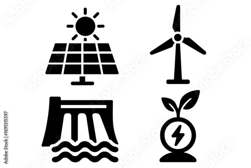 Silhouette icons of renewable energy sources solar power panel wind turbine hydroelectric dam green energy symbols vector set transparent background sustainable energy concepts