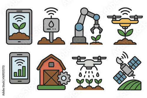 Smart farming icons technology innovation agriculture imagery set with digital monitoring drone irrigation robot barn satellite precision farming vector cartoon transparent background