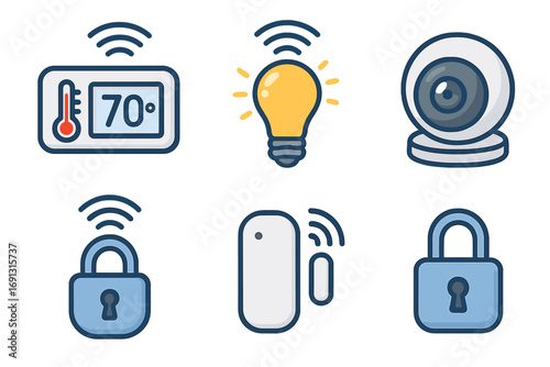 Smart Home IoT Icons Set including Thermostat, Light Bulb, Security Camera, Smart Speaker, Lock, and Sensor, Connected Wireless Technology, Cartoon Vector Illustration, Transparent Background
