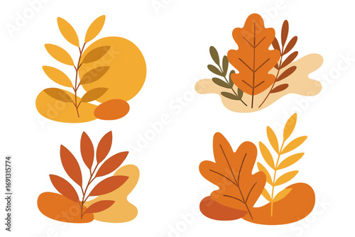 Stylish vector flat leafy plants illustration with abstract warm autumn shapes, modern decor, nature elements, orange and yellow foliage, minimalist botanical design, transparent background