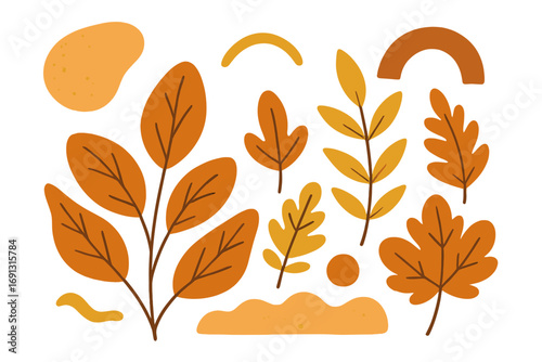 Stylish flat vector illustration of leafy plants and abstract shapes in warm autumn colors for modern decor, nature design, fall foliage, cozy seasonal vibes, elegant botanical elements