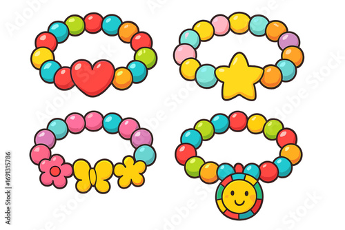 Set of cute colorful beaded bracelets for children. Kids fashion accessories and jewelry. Vector cartoon illustration of friendship bracelets with heart, star, flower, and sun charms.