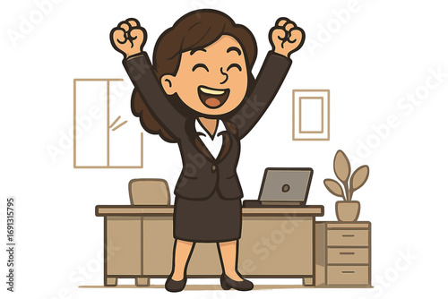Successful businesswoman celebrating achievement with raised arms in joyful stance, professional office setting, happy confident female in formal suit, cartoon vector illustration