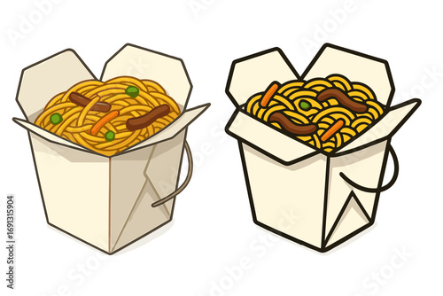 Two styles of Asian noodles in takeout containers, traditional and cartoon vector illustrations with transparent background, fast food, Chinese, Japanese cuisine, delivery box meal