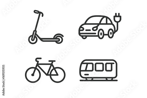 Urban mobility icons simple linear design modern transportation solutions vector cartoon illustration transparent background ordered set electric scooter electric car bike tram