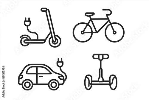 Urban mobility icons in sleek linear style, modern transportation solutions vector set, electric scooter, bicycle, electric car, and hoverboard, transparent background design