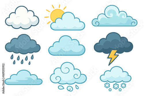 Varied Cloud Shapes Vector Illustration Representing Different Weather Conditions and Artistic Styles, Cartoon Clouds with Rain, Sun, Lightning, Snow, and Wind Elements