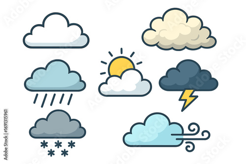 Varied cloud shapes vector illustration representing different weather conditions including sunny, rainy, snowy, stormy, windy clouds in flat cartoon style, transparent background