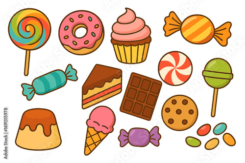 Colorful variety of delicious confections vector, candies, desserts, lollipops, cupcake, chocolate bar, cake slice, ice cream cone, cookie, sweet treats illustration