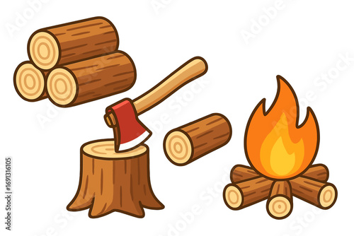 Woodworking essentials for outdoor activities with stacked logs, axe chopping wood on stump, glowing campfire and firewood. Cartoon vector illustration, transparent background, camping tools set.