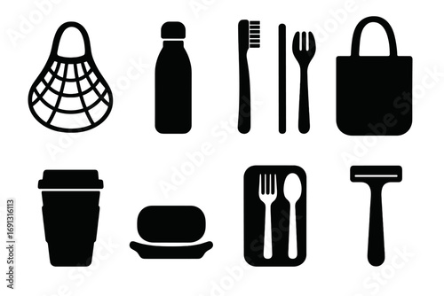 Zero waste icons plastic free essentials minimalist silhouette style vector cartoon illustration set sustainable eco friendly reusable bottle cup bag toothbrush cutlery soap and razor