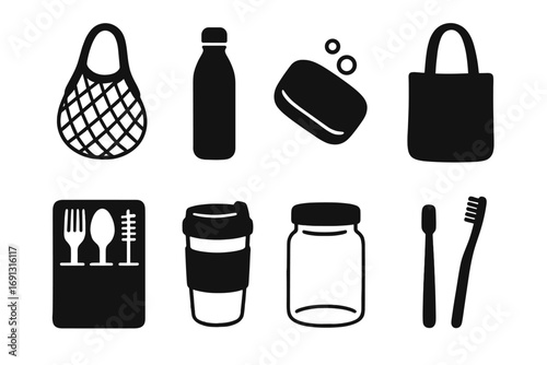 Zero waste icons set, plastic-free essentials collection in minimalist silhouette style, eco-friendly reusable items, sustainable lifestyle vector, transparent background, cartoon illustration