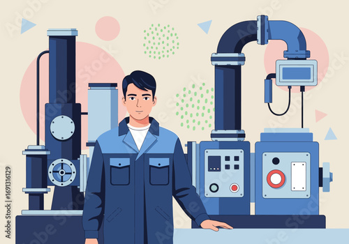 Dedicated male worker in uniform standing by advanced industrial equipment for manufacturing processes