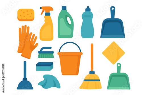 Flat vector illustration of essential cleaning tools and supplies including gloves, sponges, spray bottles, brushes, buckets, broom, and dustpans for household cleaning and organization