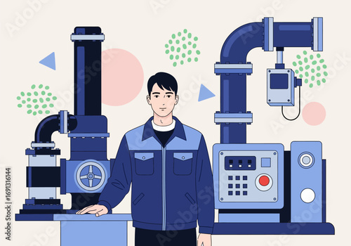 Professional male industrial worker overseeing advanced machinery, highlighting expertise in modern manufacturing and system maintenance
