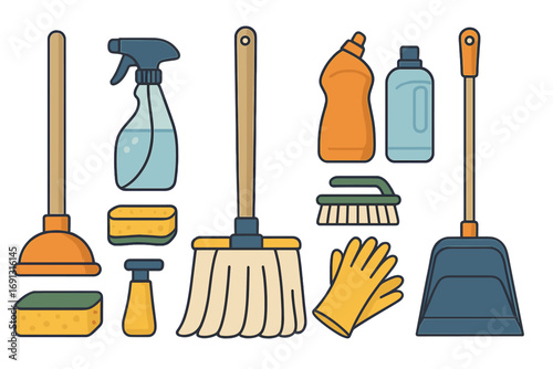 Vector flat illustration of cleaning tools and supplies including mop, broom, spray bottle, gloves, sponge, brush, plunger, dustpan for effective household cleaning and organization