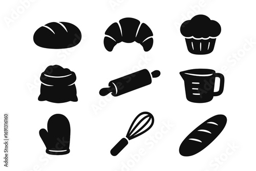 Silhouette icons of bakery and baking essentials with croissant, bread, muffin, rolling pin, whisk, measuring cup, oven mitt, dough sack isolated on transparent background, vector cartoon set