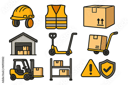 Warehouse essentials safety gear and logistics equipment icon set, vector cartoon illustration of hard hat, safety vest, boxes, forklift, pallet jack, and warning signs for industrial supply