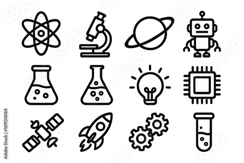 Simple science and technology icon collection in black silhouette style, vector cartoon illustration with transparent background, ordered set of symbols for education and innovation