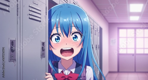 Excited anime girl with bright blue hair peeking out from school lockers